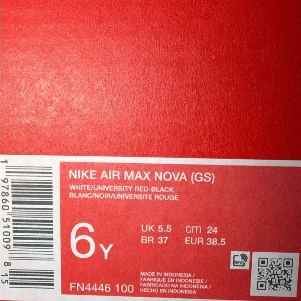 Nike Air Max Nova GS Black University Red FN4446-100 Size 6Y